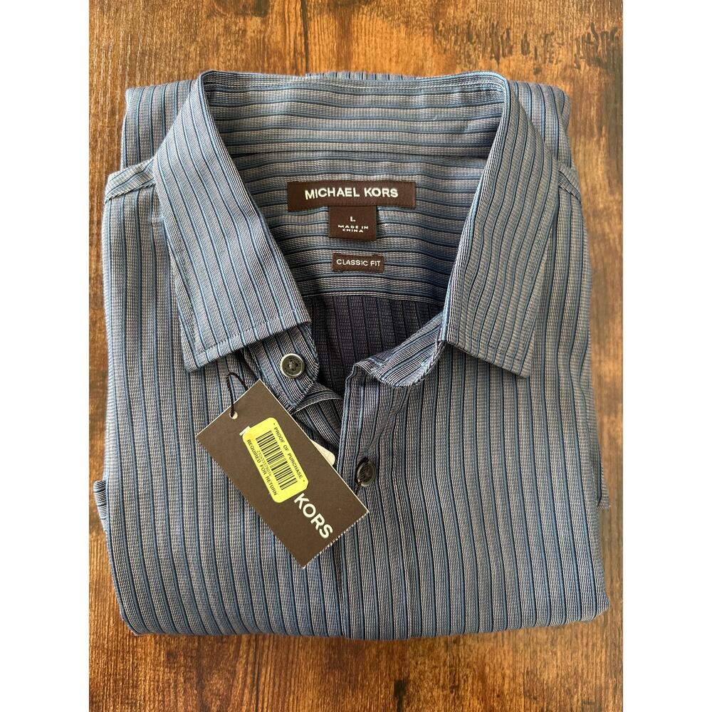 Michael Kors Striped Blue Button Down Shirt Classic Fit Cotton Men's Size Large - Picture 7 of 7